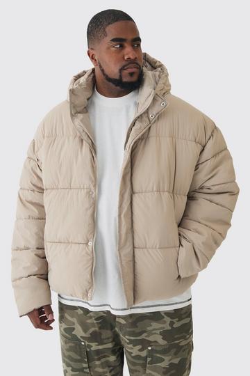 Beige Plus Boxy Crinkle Nylon Puffer Jacket In Sand