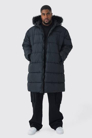 Black Plus Longline Faux Fur Hooded Puffer Jacket In Black