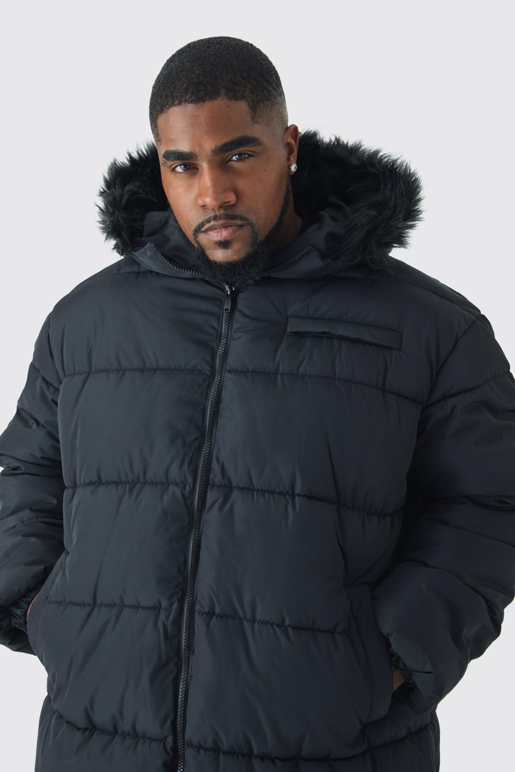 Black puffer jacket with big fur hood sale