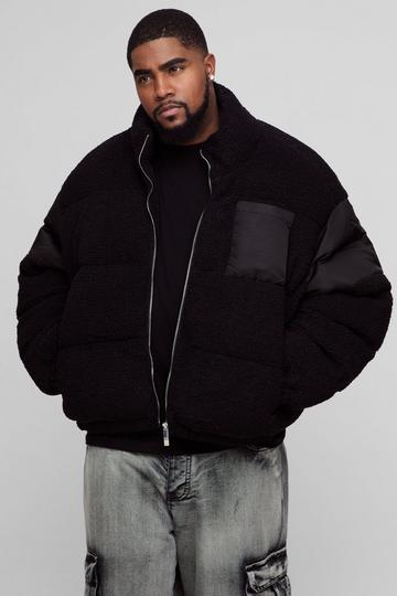 Black Plus Borg & Nylon Funnel Neck Puffer Jacket In Black