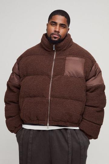 Plus Borg & Nylon Funnel Neck Puffer Jacket In Chocolate chocolate