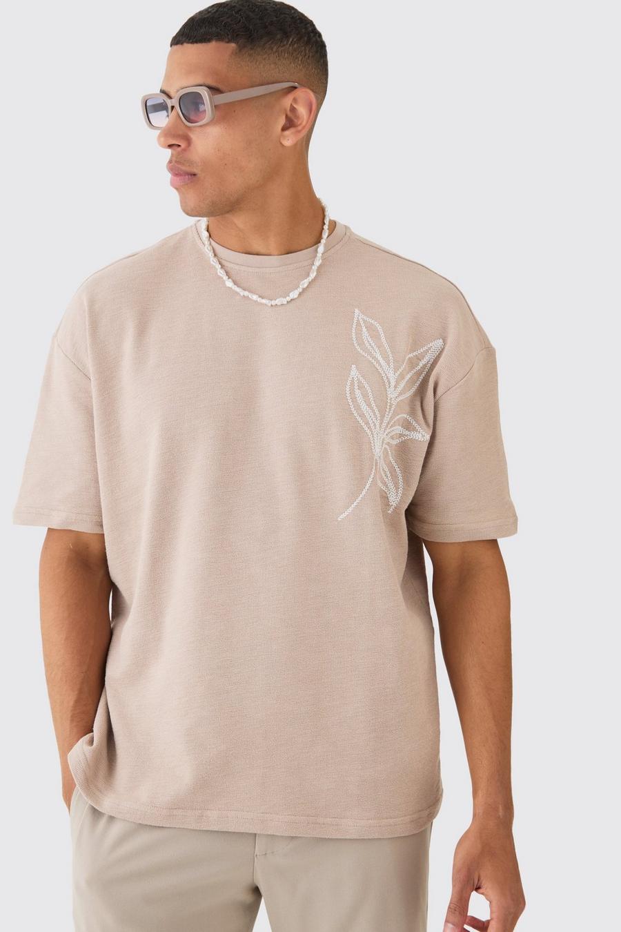 Taupe Oversized Geborduurd Slub Bloemen Lijntekening T-Shirt