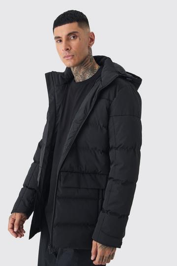 Tall Mid Length Hooded Puffer Jacket In Black black