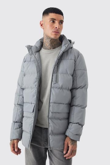 Tall Mid Length Hooded Puffer Jacket In Grey grey