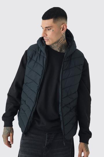 Tall Gewatteerde Bodywarmer Met Stiksels, Rits En Capuchon In Zwart black