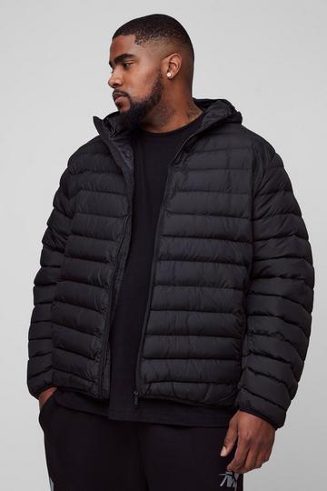 Black Plus Zip Through Hooded Puffer Jacket In Black