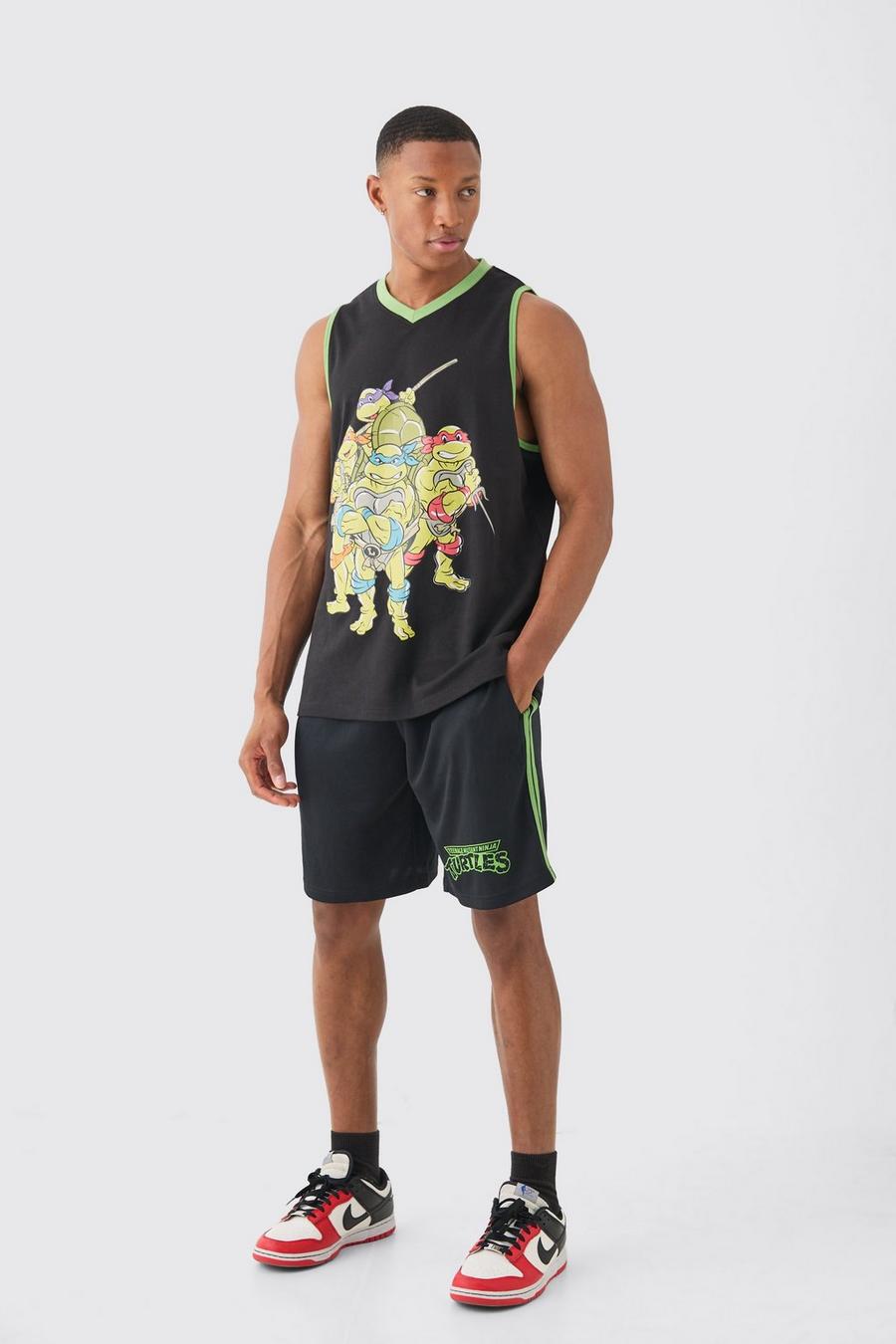Black Oversized Ninja Turtles License Vest And Mesh Short Set