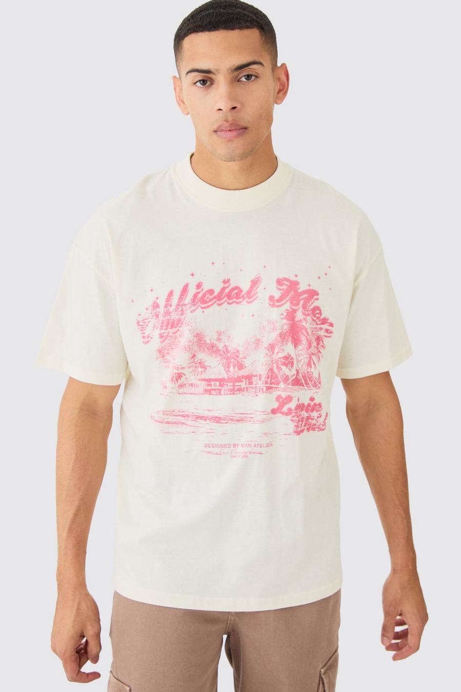 Ecru Oversized Official Man T-Shirt Met Brede Nek image number 1