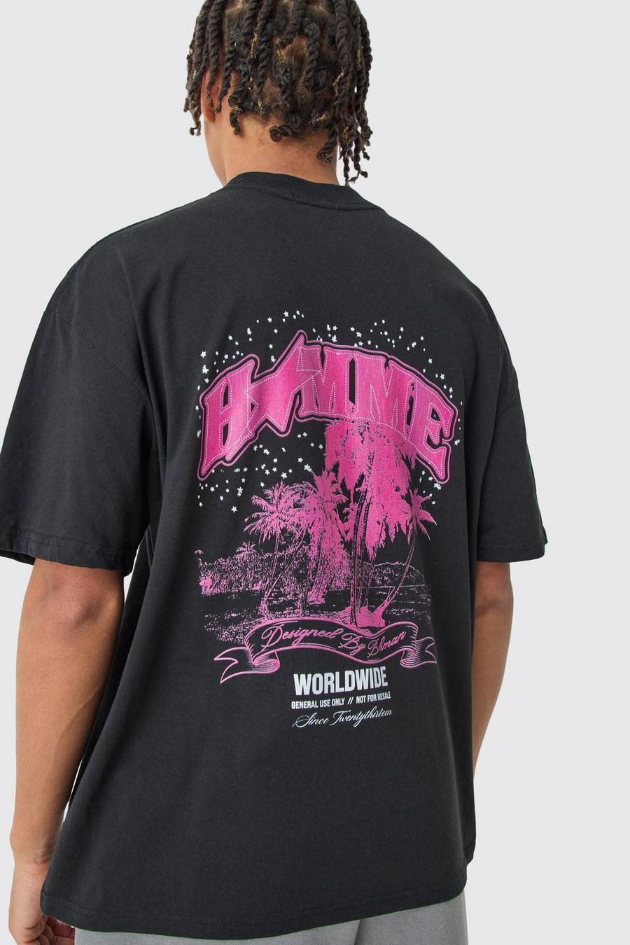Black Oversized Extended Neck Homme Palm Tree T-shirt image number 1