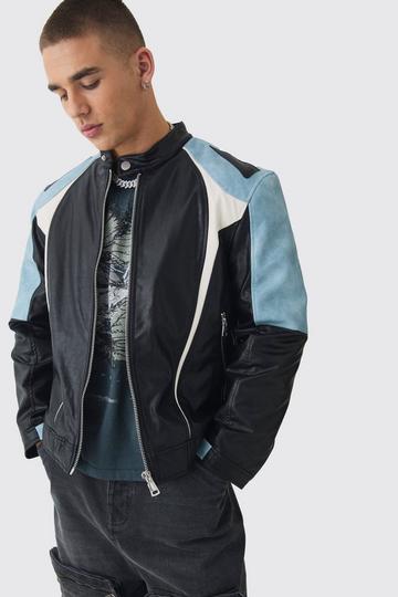 Black Washed Pu Panel Moto Jacket In Black