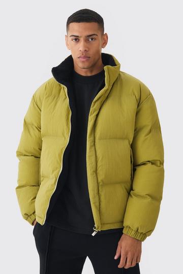 Embroidered Ripstop Funnel Neck Puffer In Olive olive