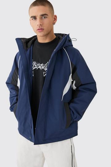 Navy Hooded Colour Block Parka In Navy