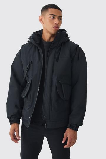 Black Hooded Utility Tech Parka In Black