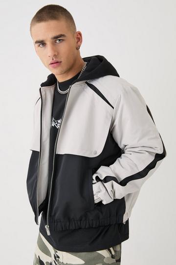 Black Boxy Colour Block Panel Hooded Bomber In Black