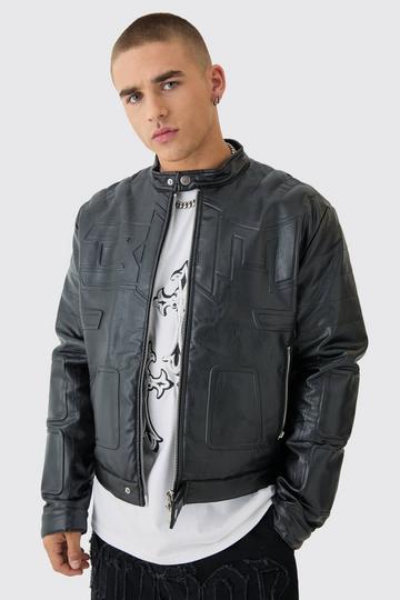 Black Boxy BHM Tonal Pu Moto Jacket In Black