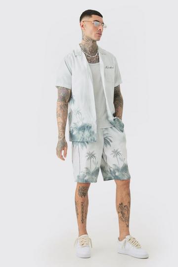 Tall Linen Look Watercolour Landscape Shirt & Short Set grey