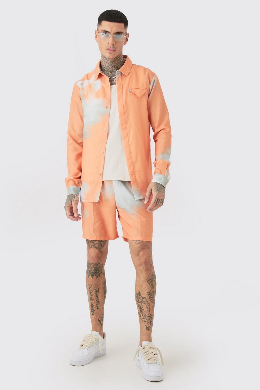 Orange Tall Linen Look Pocket Detail Abstract Shirt & Short Set image number 1
