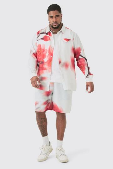 Plus Linen Look Pocket Detail Abstract Shirt & Short Set red