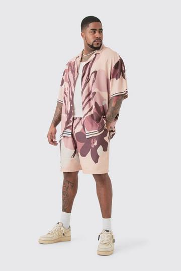 Plus Drop Revere Abstract Flower Shirt & Short Set stone