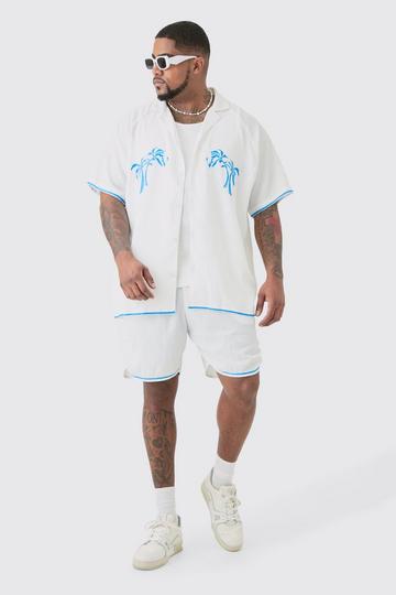 Plus Oversized Seersucker Palm Embroidered Shirt & Short Set white