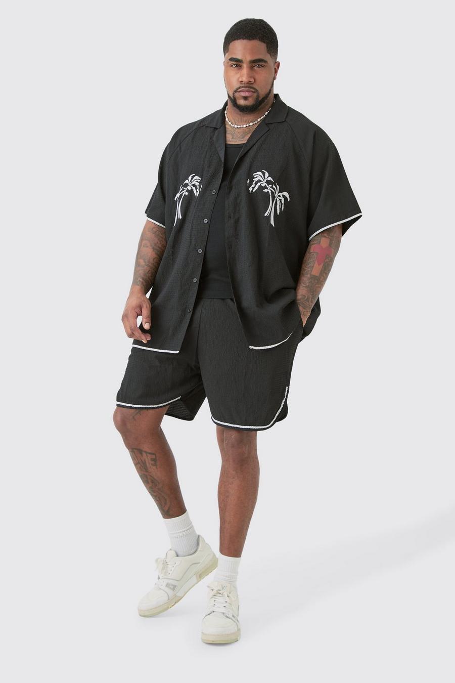 Black Plus Oversized Seersucker Palm Embroidered Shirt & Short 