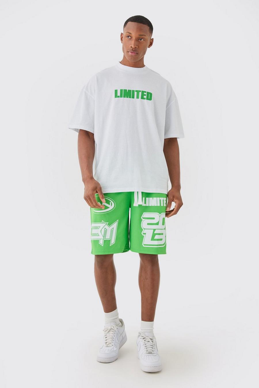 Green Oversized Extended Neck Limited T-shirt & Mesh Short Set