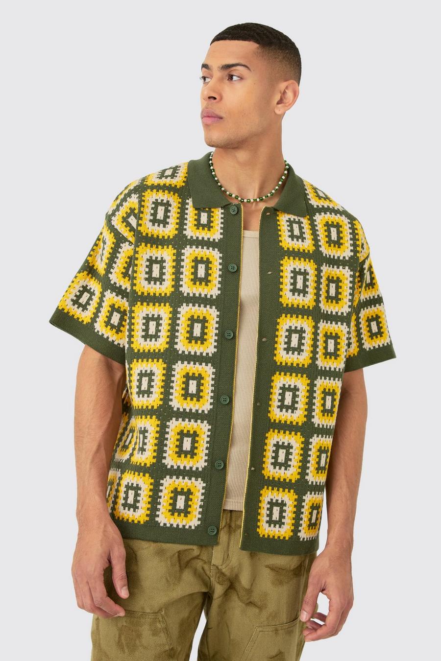 Camicia squadrata oversize in maglia all’uncinetto color kaki, Khaki image number 1