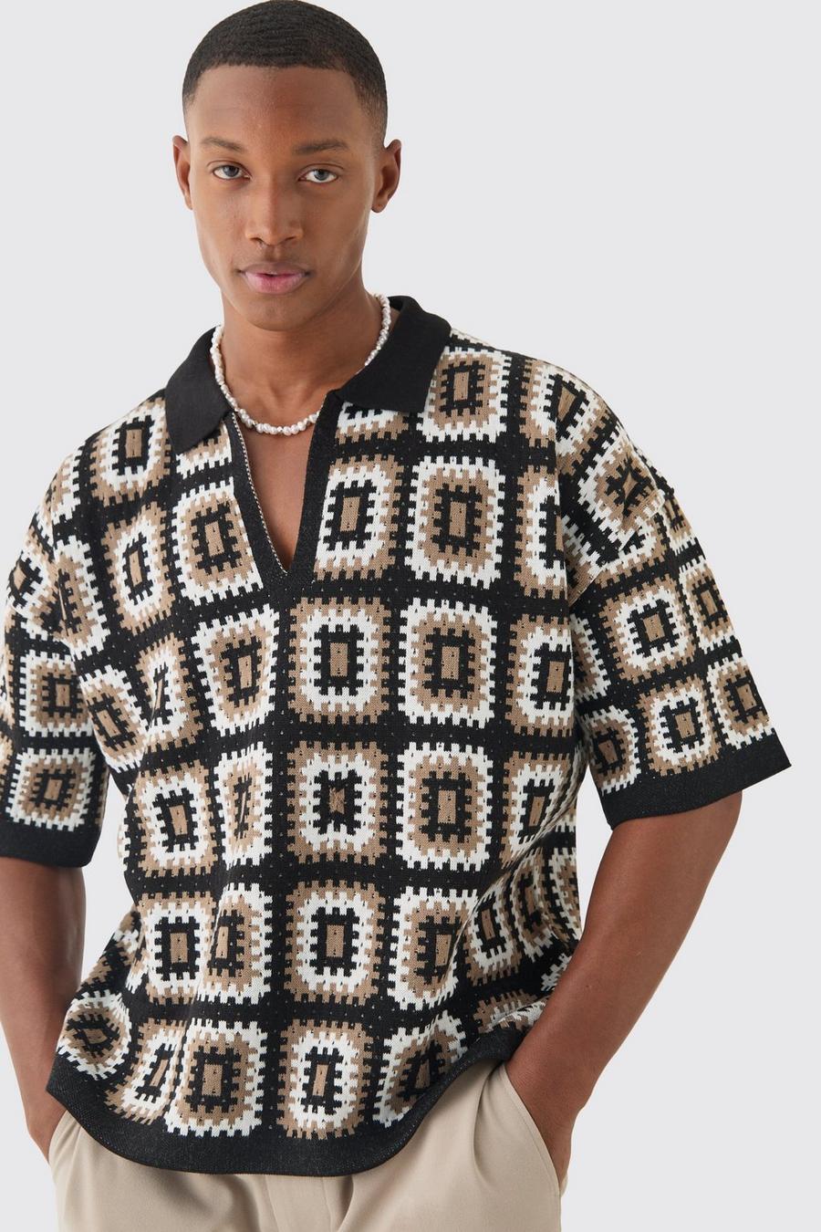 Oversized Boxy Crochet Knit Polo In Black image number 1