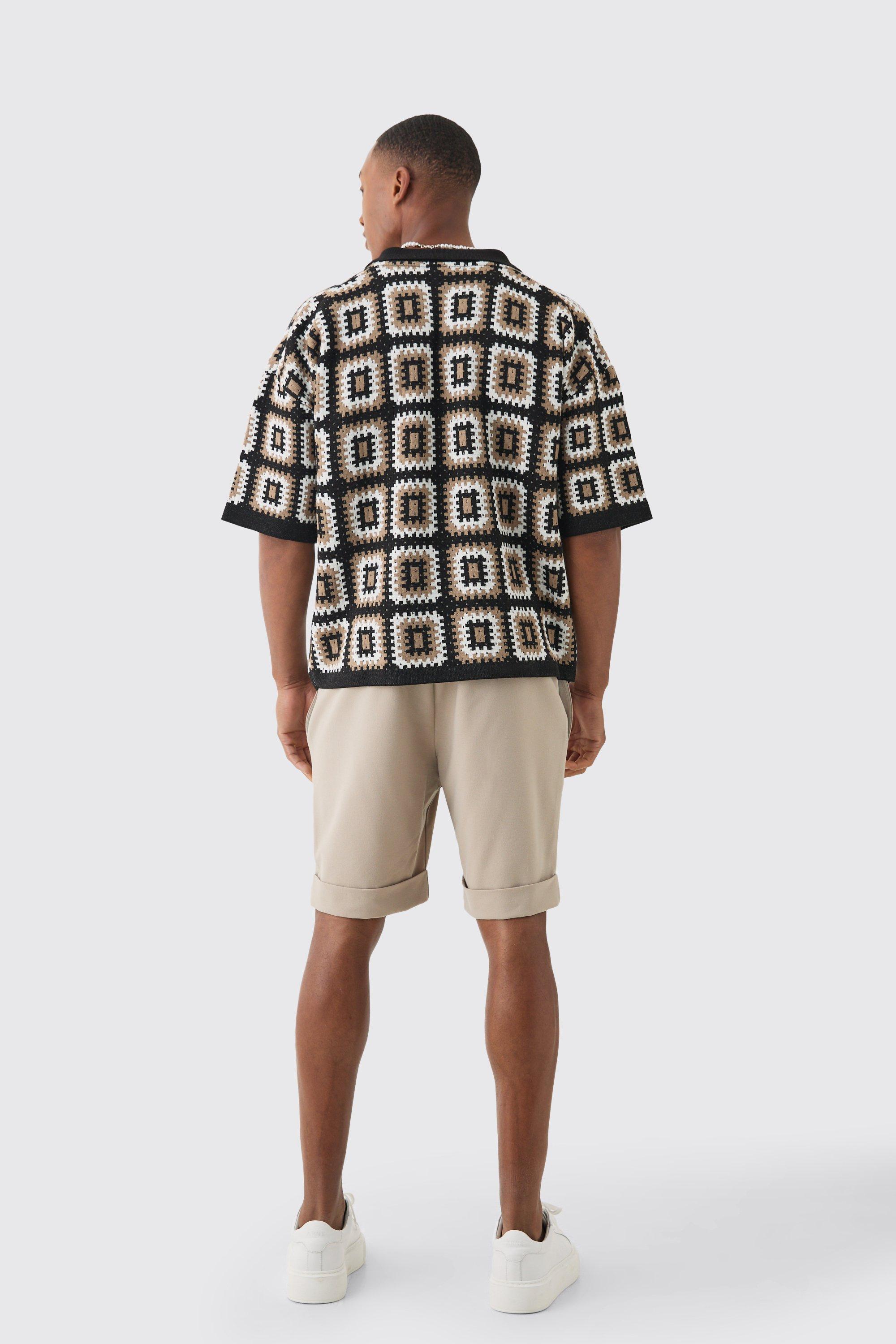 Oversized Boxy Crochet Knit Polo In Black | boohoo USA