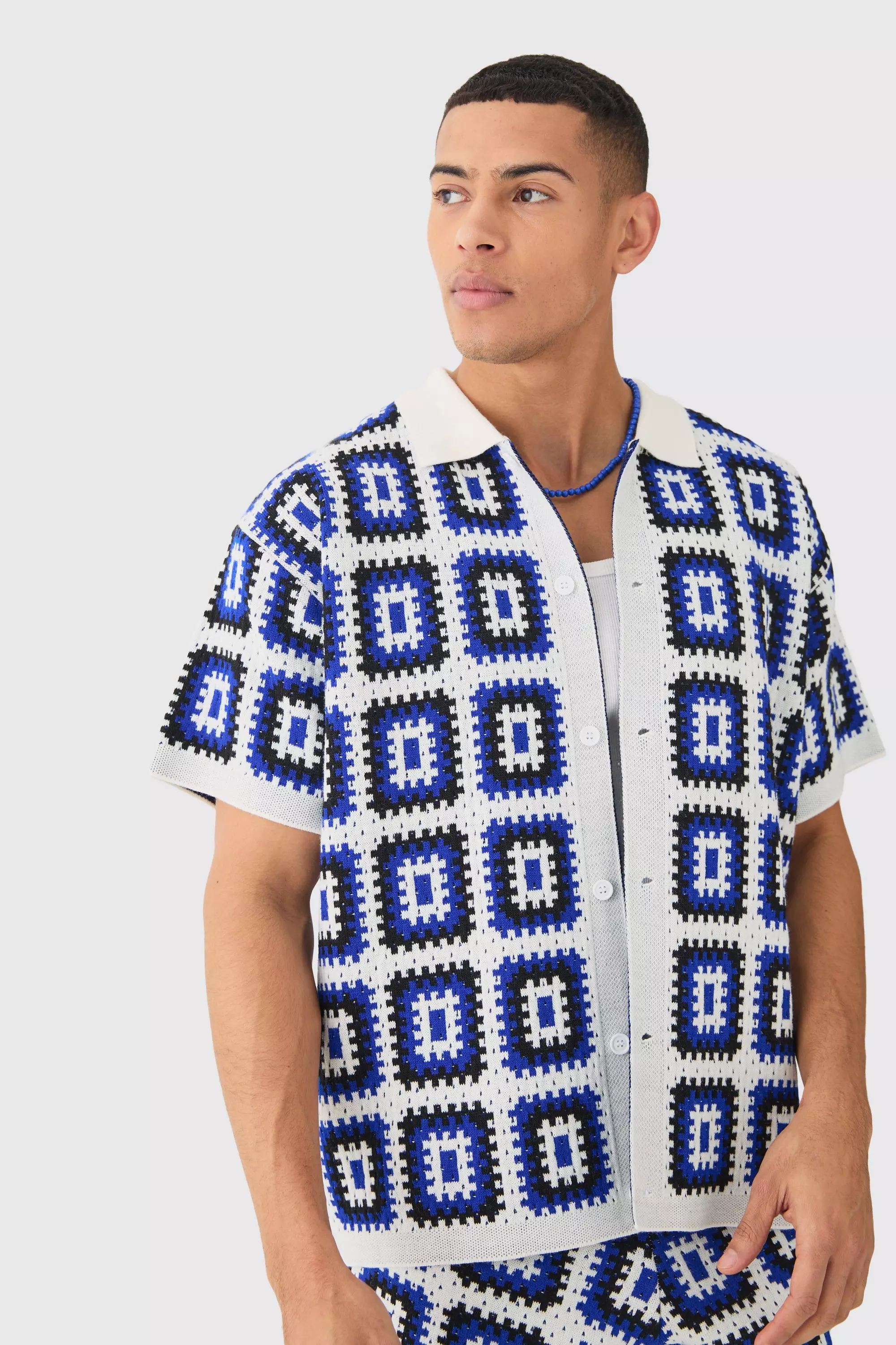Oversized Boxy Crochet Knit Shirt In White alternative image