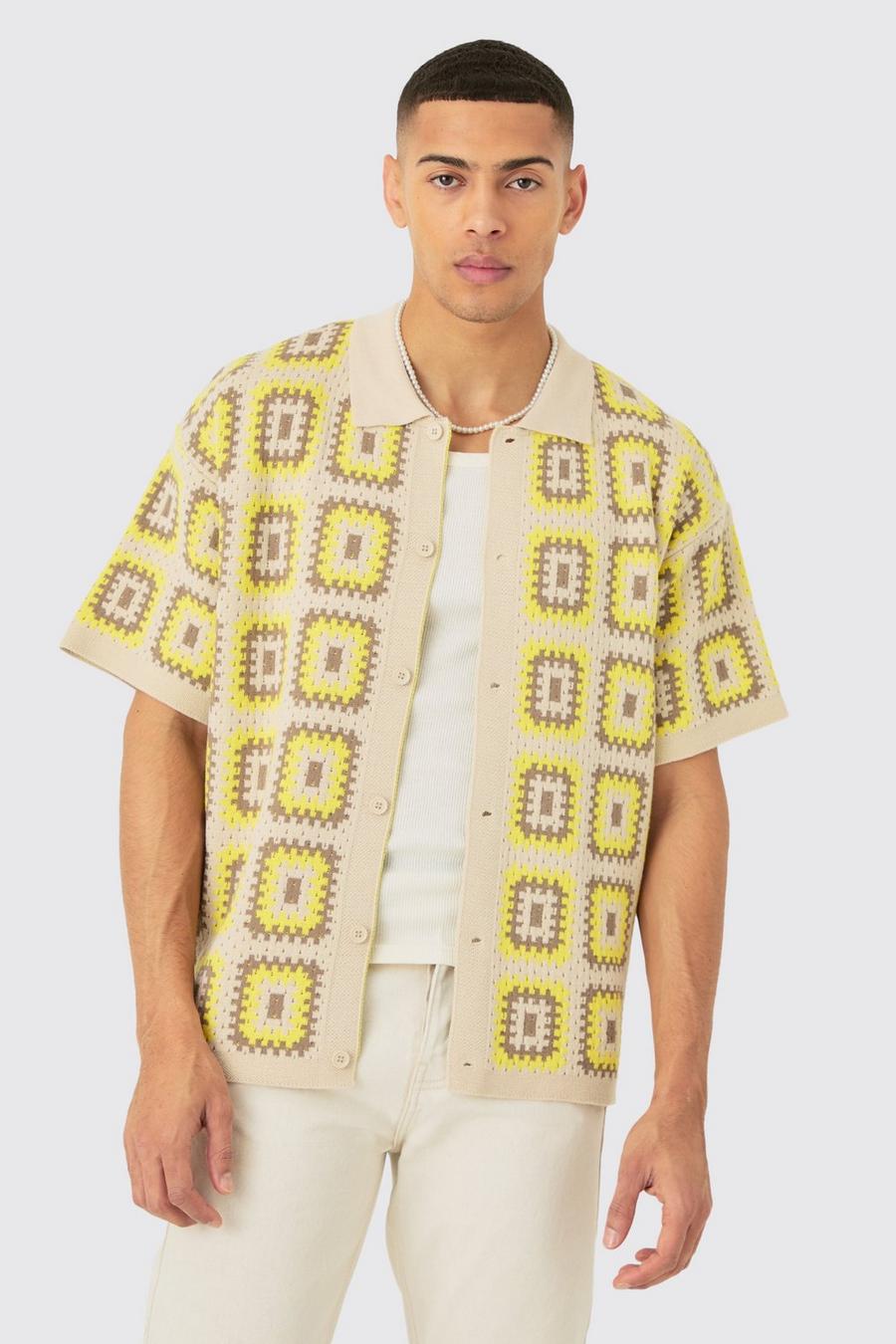 Camicia squadrata oversize in maglia all’uncinetto color pietra, Stone image number 1