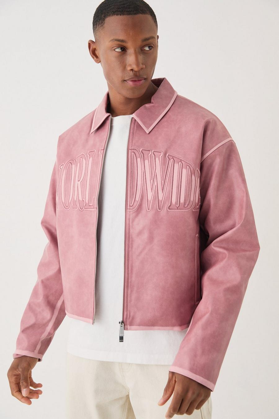 Boxy Tumble Pu Applique Harrington Jacket In Pink