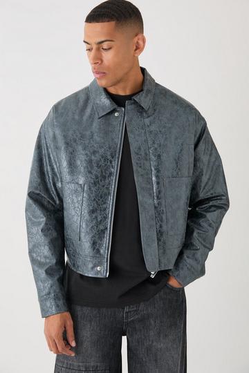 Boxy Textured Pu Harrington In Grey grey