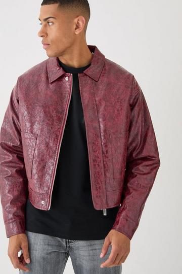 Red Boxy Textured Pu Harrington Jacket In Red