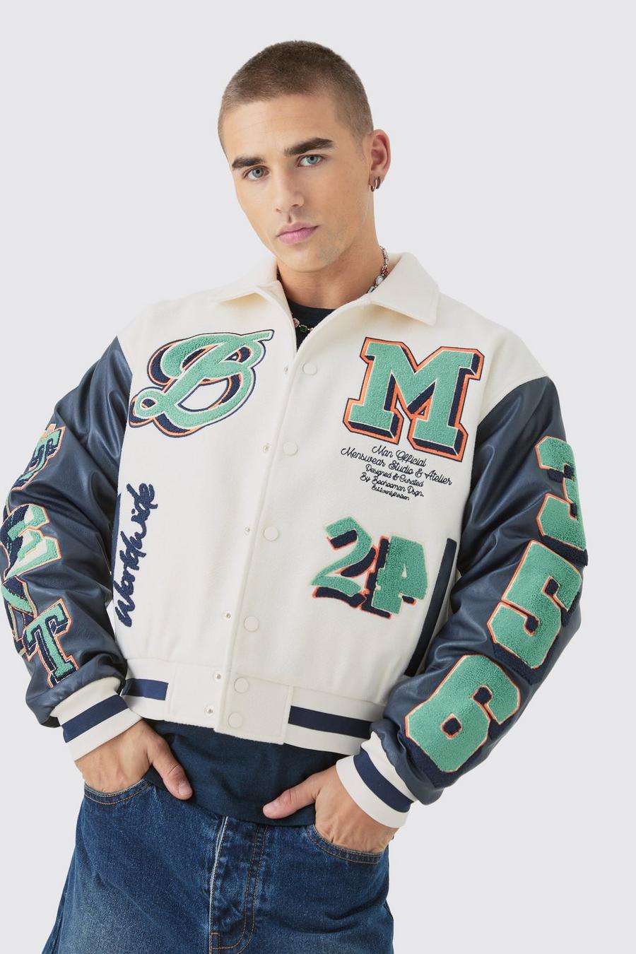 Boxy BM Badge Collared Varsity Jacket In Ecru | boohoo Boxy BM Badge Collared Varsity Jacket In Ecru | boohoo