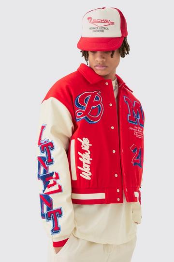 Red Boxy BM Badge Collared Varsity Jacket In Red