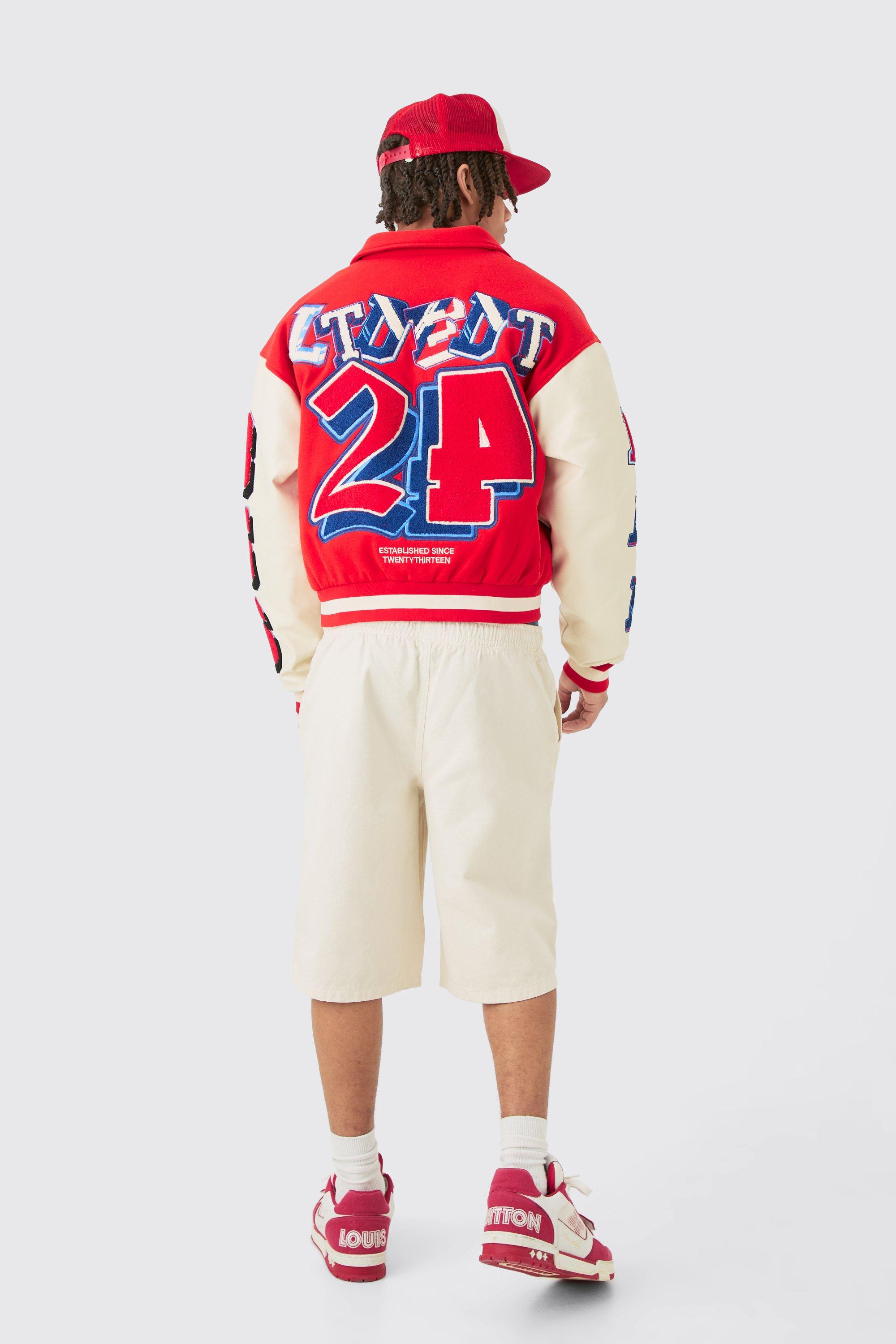 Boxy BM Badge Collared Varsity Jacket In Red | boohoo Boxy BM Badge Collared Varsity Jacket In Red | boohoo