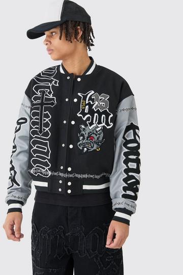 Boxy Limited Badge PU Sleeve Varsity Jacket In Black black