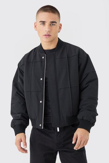 Black Boxy Panel Padded Nylon Bomber Jacket In Black