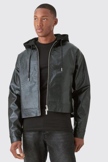 Boxy Jersey Knit Hooded Pu Bomber Jacket In Black black