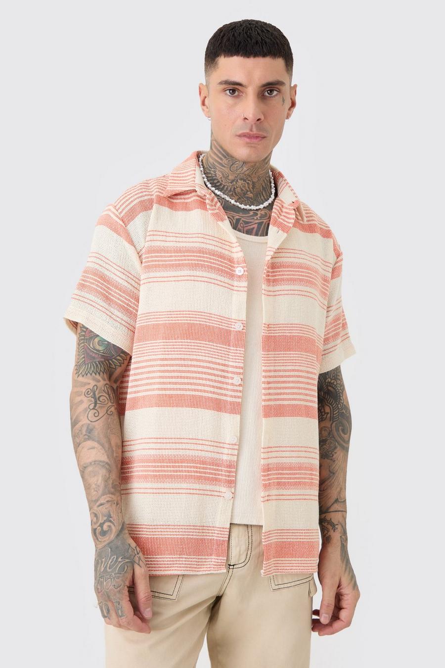Tall Short Sleeve Oversized Textured Stripe Shirt In Stone image number 1