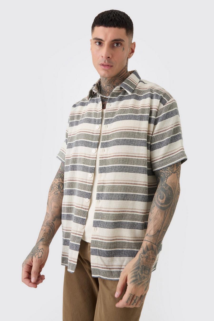 Tall Short Sleeve Oversized Textured Stripe Shirt In Stone image number 1