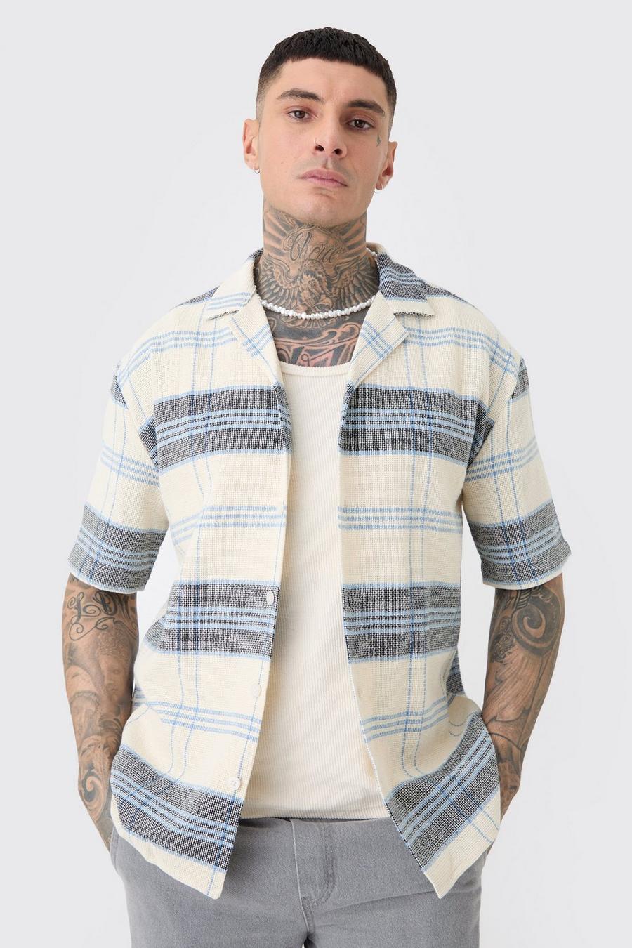 Tall Short Sleeve Drop Revere Textured Check Shirt In Stone