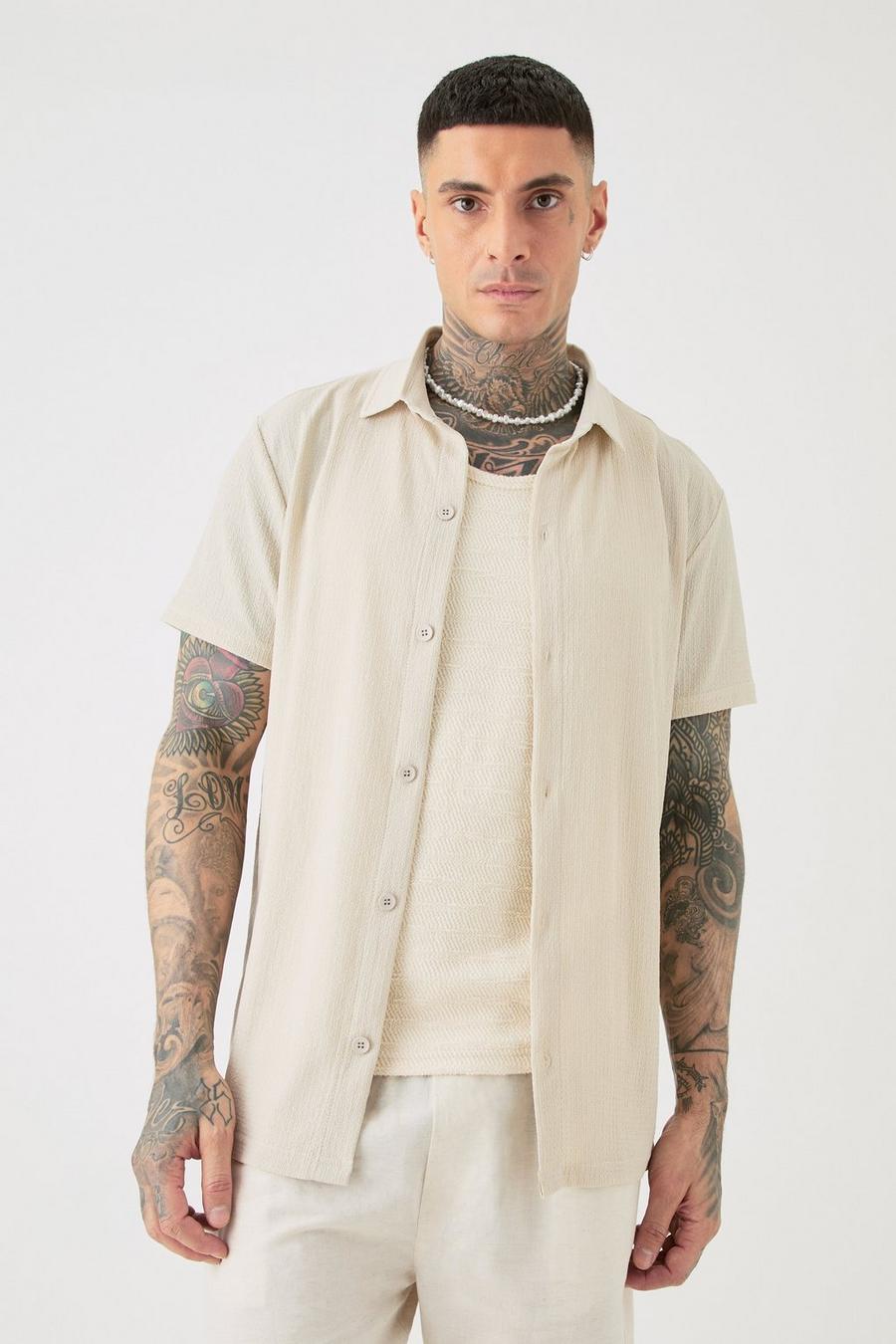 Tall Short Sleeve Regular Textured Shirt In Stone image number 1