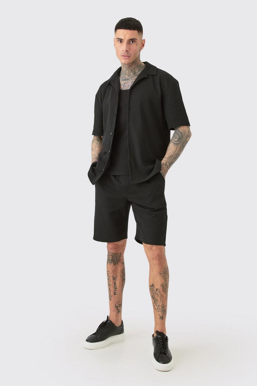 Conjunto Tall de pantalón corto y camisa de manga corta con solapas en negro, Black image number 1