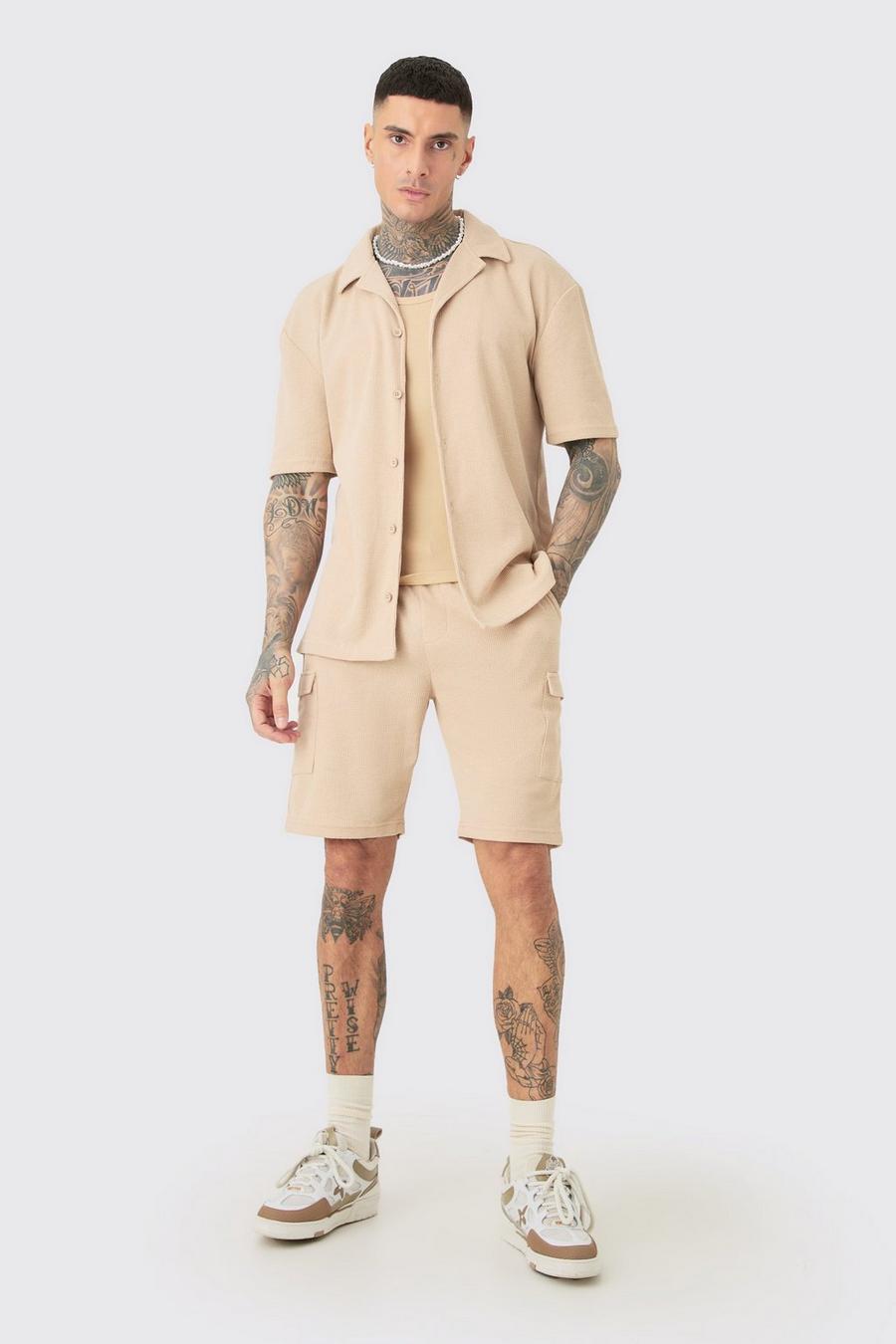 Tall Short Sleeve Drop Revere Shirt & Cargo Short Set In Stone image number 1