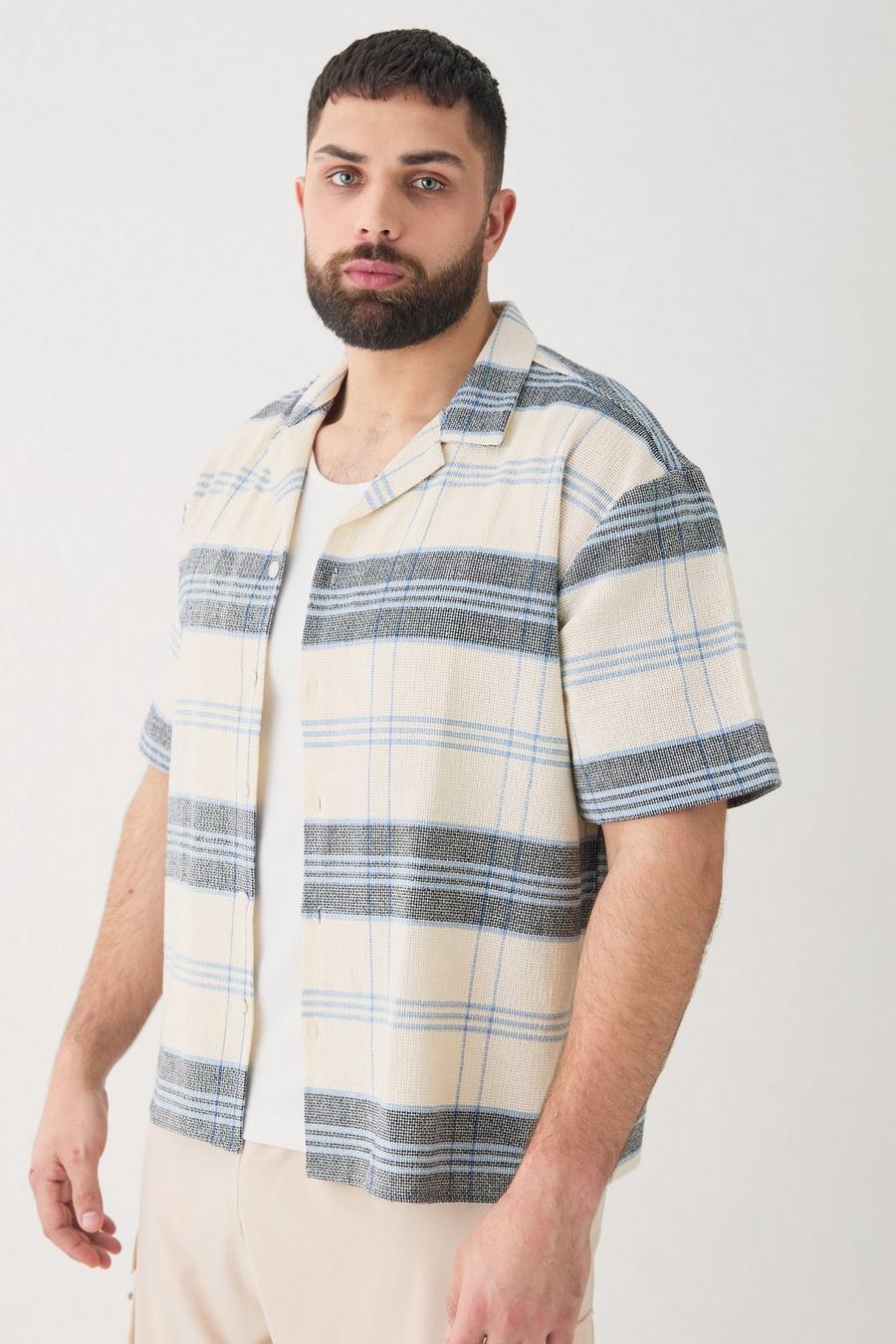 Plus Short Sleeve Drop Revere Textured Check Shirt In Stone