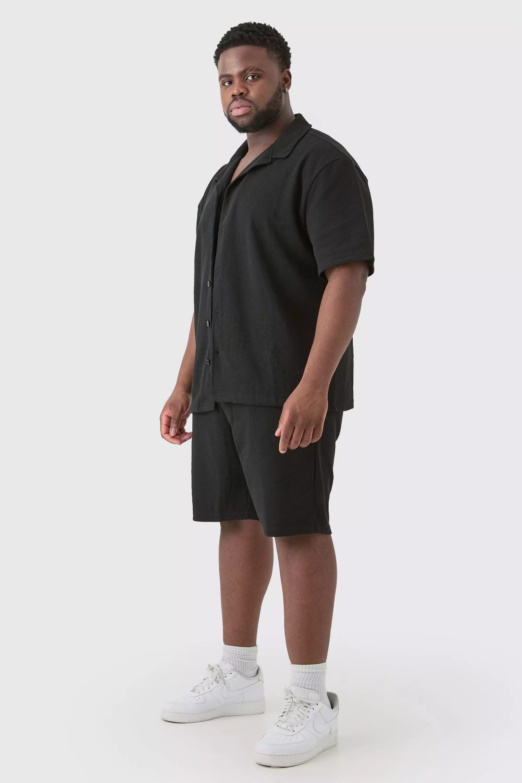 Plus Short Sleeve Drop Revere Shirt & Short Set In Black alternative image