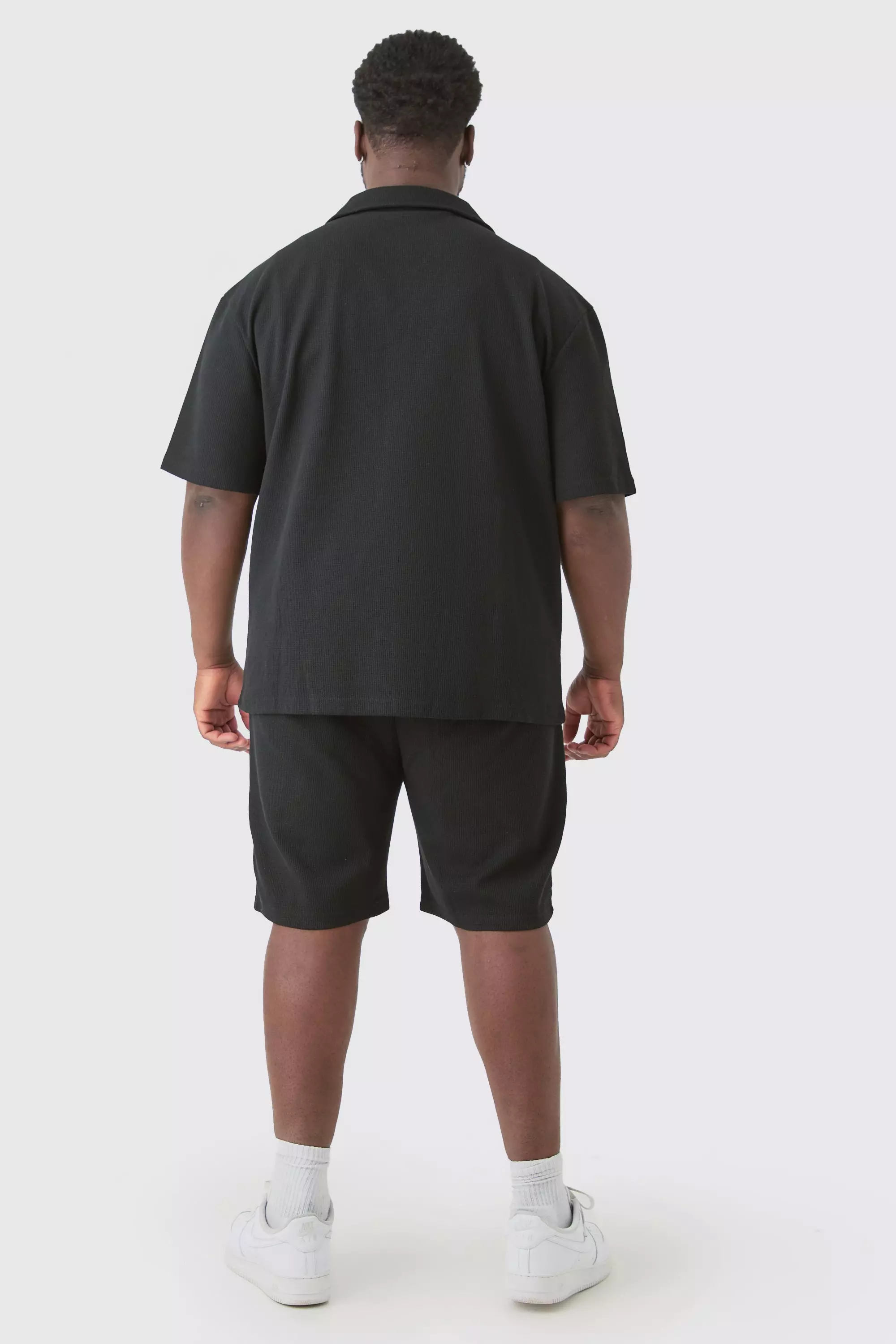 Plus Short Sleeve Drop Revere Shirt & Short Set In Black alternative image