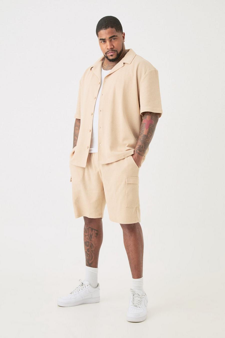 Plus Short Sleeve Drop Revere Shirt Featuring & Cargo Short Set In Stone image number 1